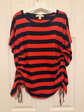 MICHAEL Michael Kors Red and Navy Striped Ruched Tie-Side Top